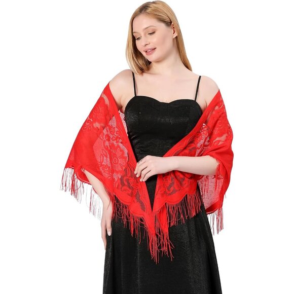 Women Red Triangle Lace Shawl Wrap Floral Lightweight Fringe Scarf Evening Dress - Picture 5 of 5